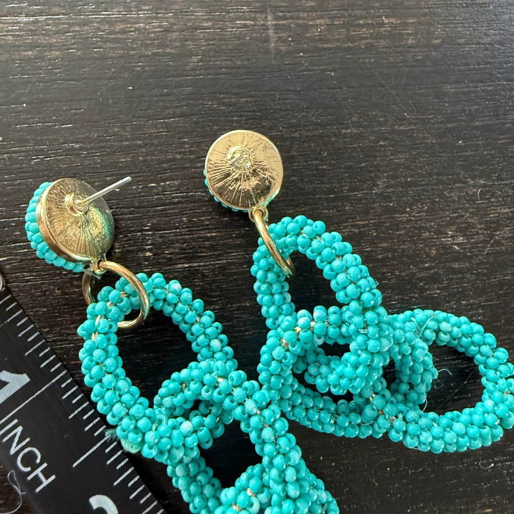 Turquoise Seed Bead Interlocking Chain Link Statement Drop Earrings Blue Boho - Picture 4 of 4
